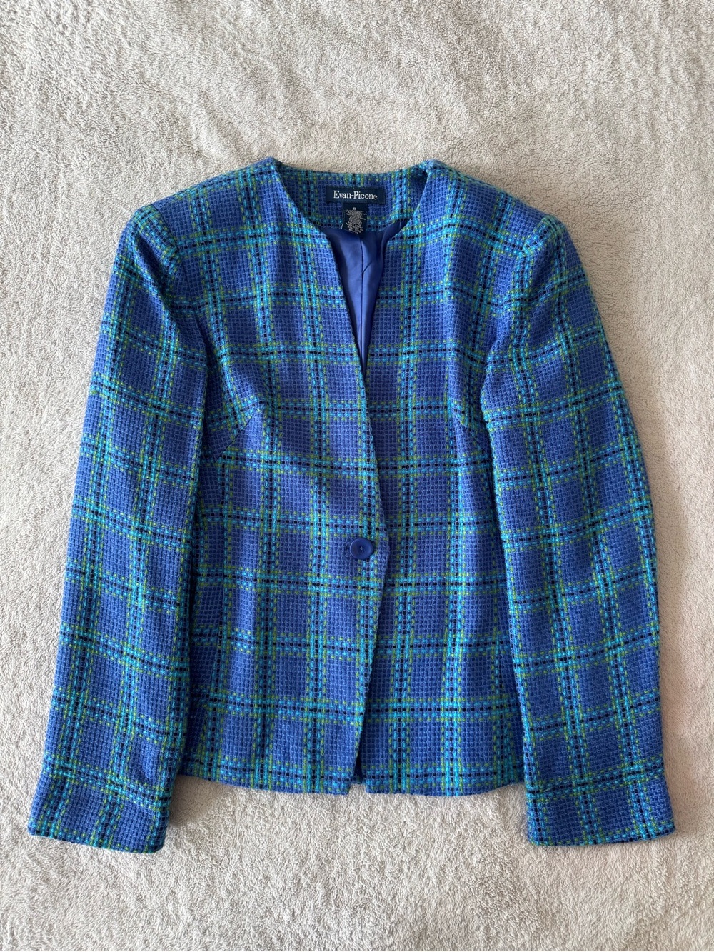 Evan-Piconeβ Blue Textured Plaid Open Front Blazer Jacket Womenβs Size 6